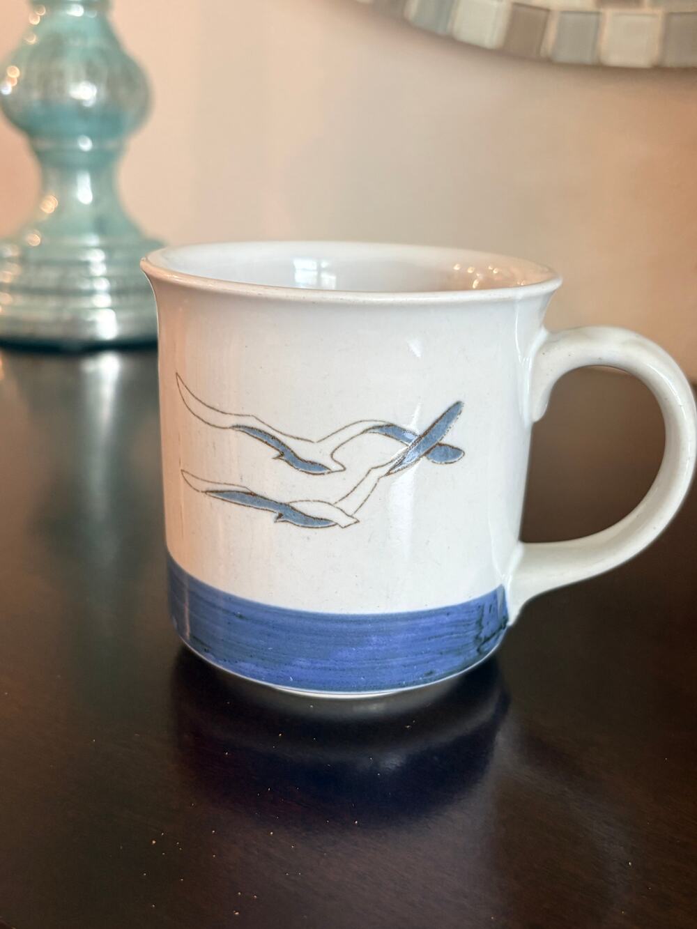 Vintage Otagiri Seagulls in Flight Mug Japan Blue White Stoneware Coastal 12 Oz